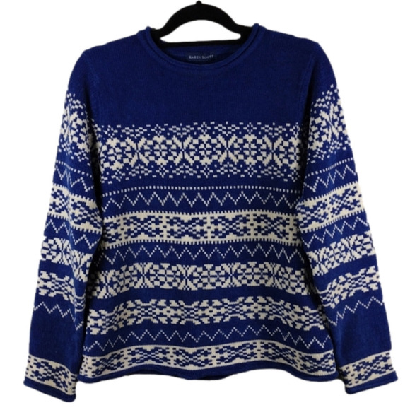 Karen Scott Blue Fair Isle Scoop Neck Long Sleeve Pull Over Chenille Sweater - Picture 1 of 15
